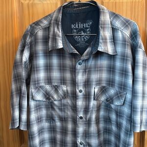 Men’s Kuhl Pearl Snap Button Up Short Sleeve Blue Plaid Shirt - Size L